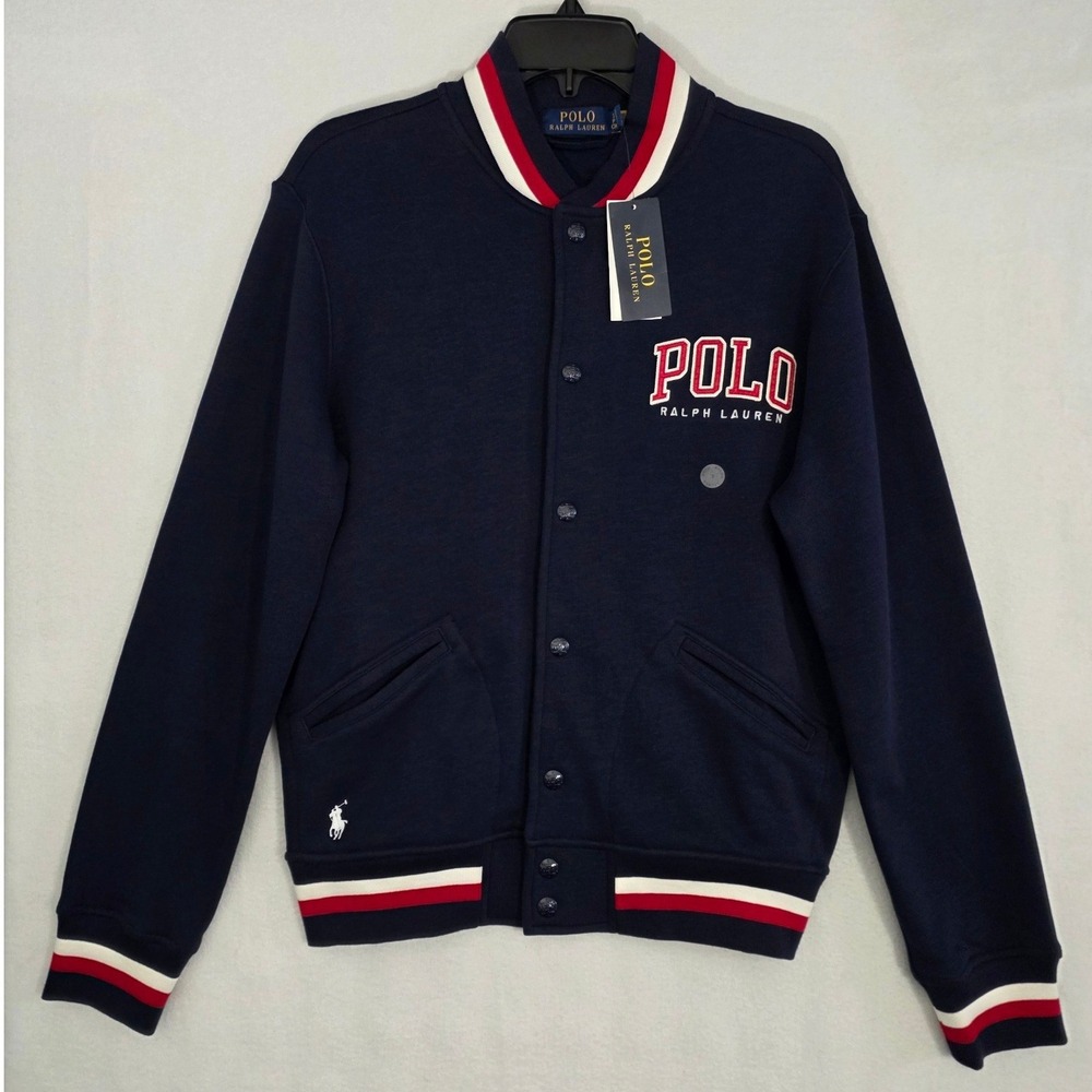 Polo Ralph Lauren Varsity Jacket Small Navy Blue Cotton Fleece Letterman Preppy